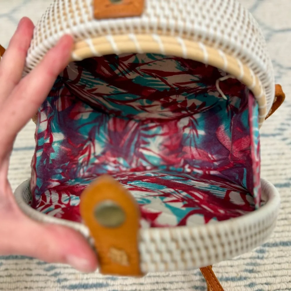 HANDMADE White Woven Boho Rattan Round Crossbody Leather Strap Tropical Lining